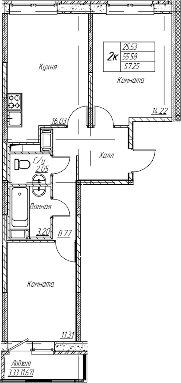 2-комнатная квартира 57.25 м², 20/22 эт., ЖК «Парк-квартал Юнтолово»